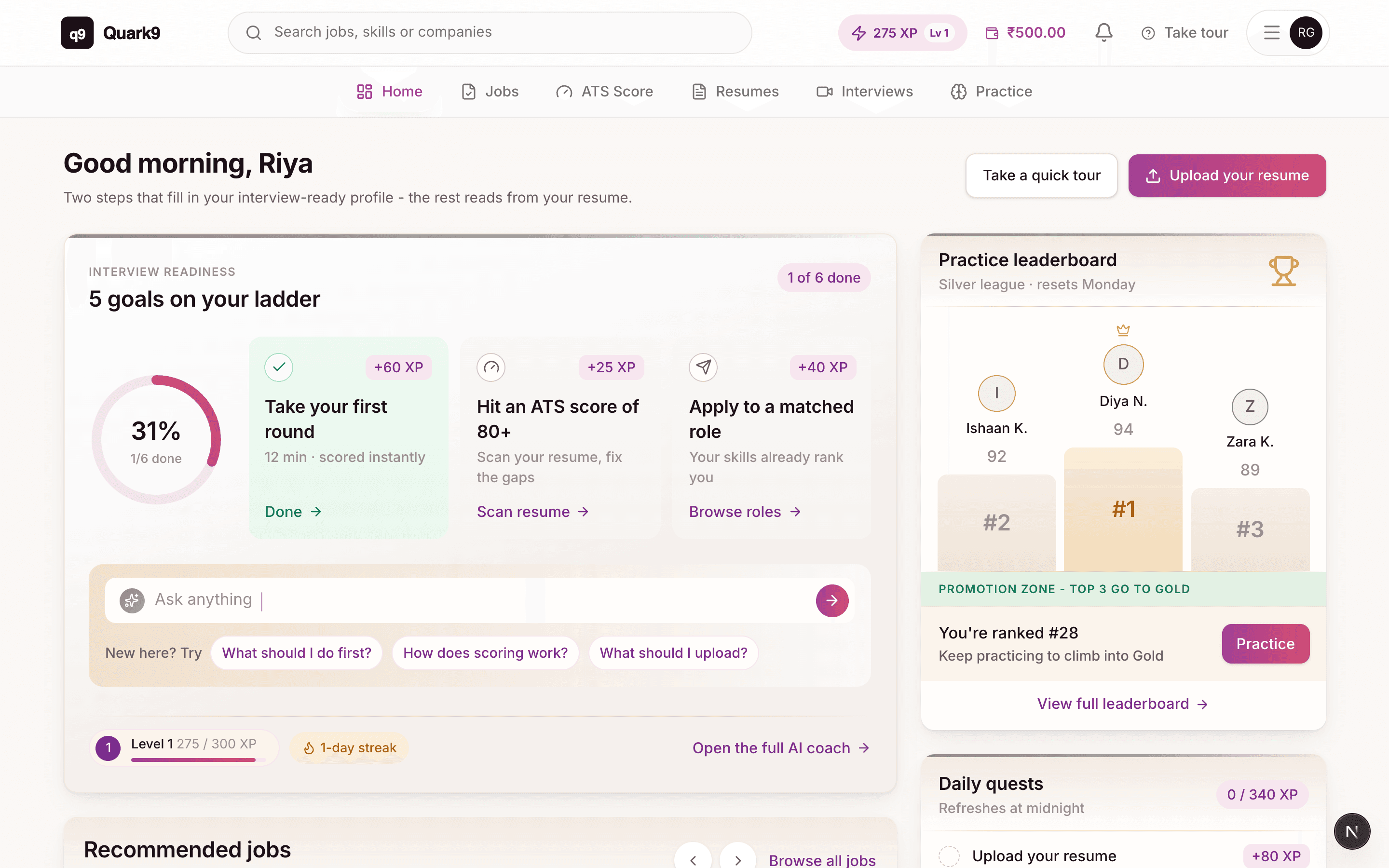 Your dashboard: recommended jobs, goals and the practice leaderboard