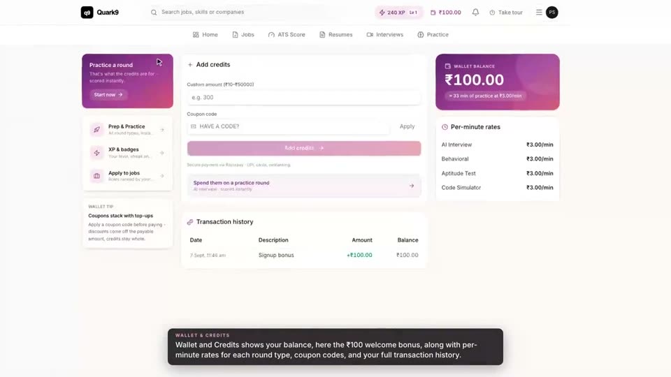 Credits, coupons and account controls.